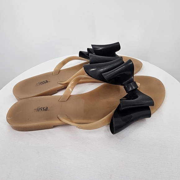 Melissa‎ Nude HARMONIC BOW III sandals black bow flat flip flops Size 6.5 - Picture 3 of 4